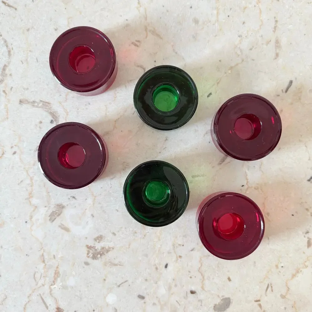 Crate & Barrel Red Green Glass Taper Candle Holders Round 2